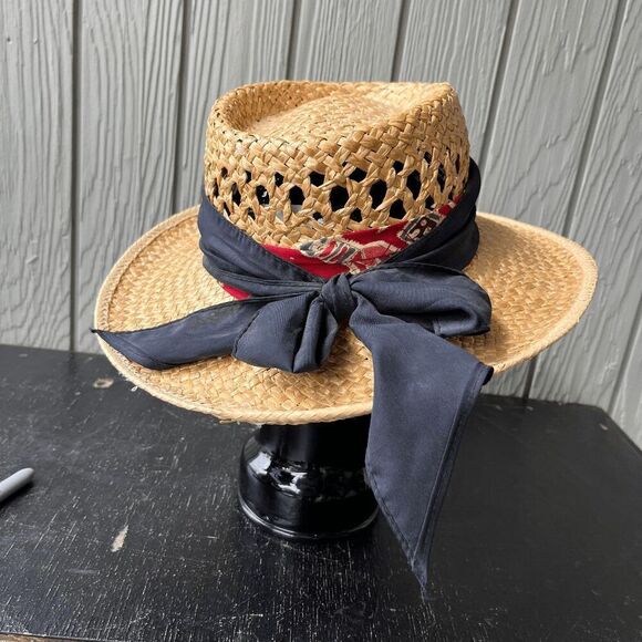 Vintage Woven Straw Hat Small USA Made Red Band Western Boho Summer CHCO WPL - Picture 4 of 10